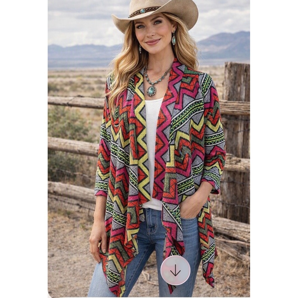 Flamingo Urban,Open Front Waterfall Cardigan Large, aztec print. A99